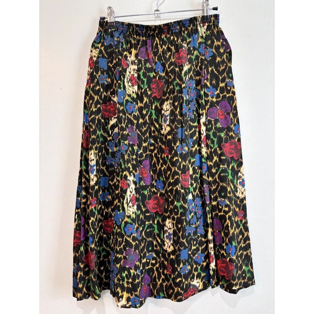 Vintage Pull On Floral Animal Print Rayon Skirt Size 12 with Pockets Made in USA